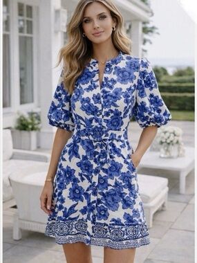 blue patterned shirt dress Melissa Nepton LAIA Striped / XS Size:US 16P 4220 Reviews puff sleeves Cute Flannel Dress -